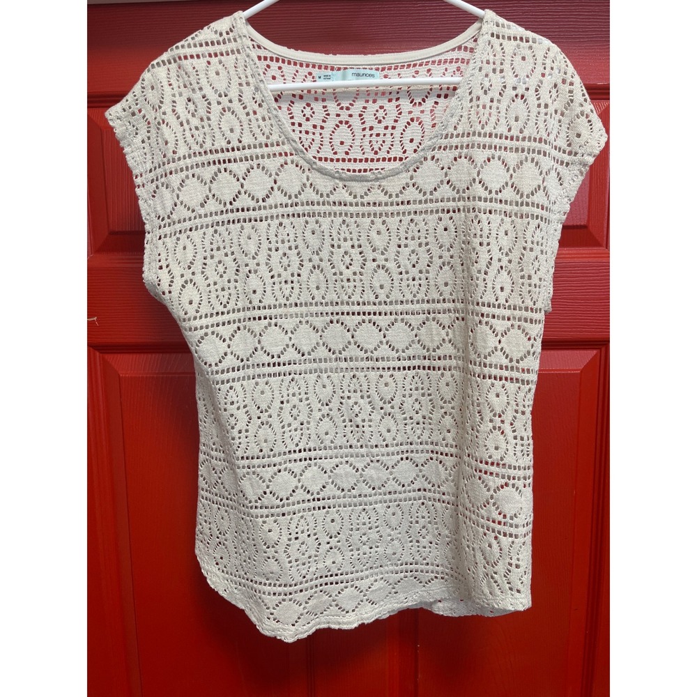 Maurices Cream Crochet Knit Short Sleeve Scoop Neck Top Size M